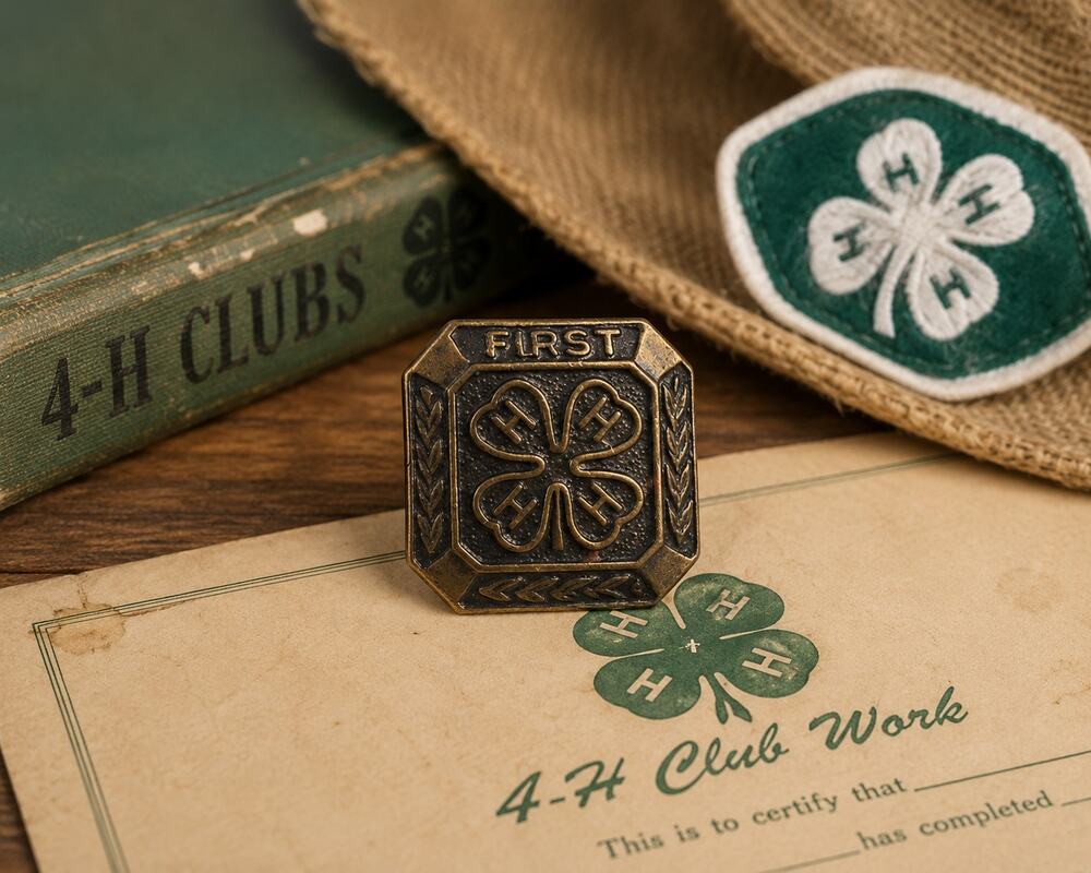 Vintage 4-H FIRST Award Pin Bronze Tone Clover Lapel Badge